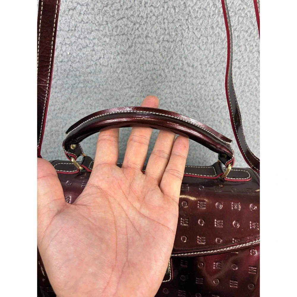 Arcadia Monogram Embossed Satchel Crossbody Bag Womens M Burgundy Patent Italy